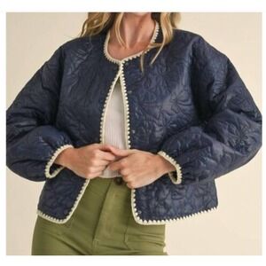 &merci Navy Blue Bow Quilted Jacket Crochet Trim Womens Small Grandma Cottage